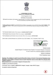certificate of incorporation cunimet alloys
